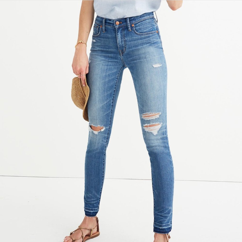 9" High-Rise Skinny Jeans in Winifred Wash: Drop-Hem Edition